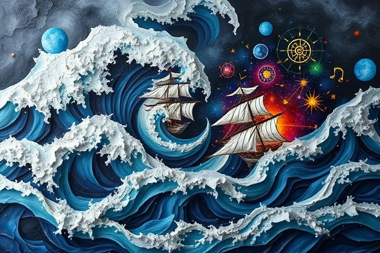 Pintura abstracta de olas y barcos simbolizando la diáspora africana y el sincretismo espiritual