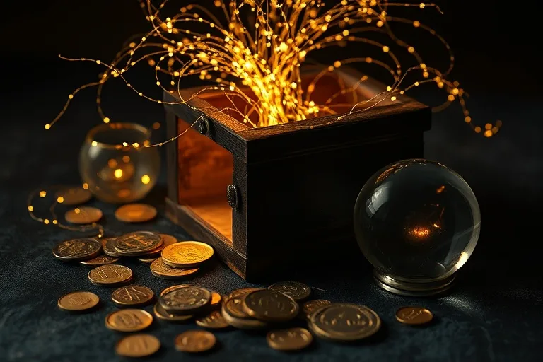 Una caja de madera envejecida y ligeramente abierta, revelando hilos de luz que simbolizan caminos kármicos, rodeada de monedas antiguas y una bola de cristal.