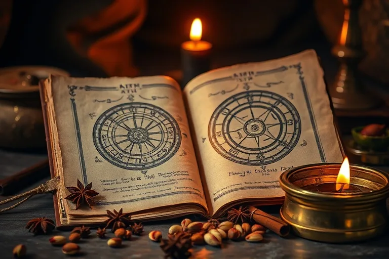 Fotografía cinematográfica de un antiguo manuscrito de hoja de palma con diagramas astrológicos, rodeado de especias exóticas y un astrolabio de latón, iluminado por una luz suave y cálida de velas.