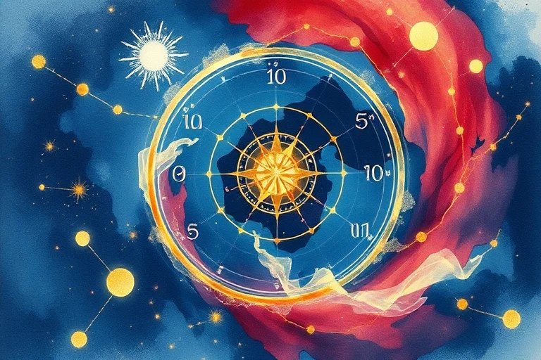Pintura abstracta en acuarela con energías cósmicas arremolinándose en tonos índigo, dorado y carmesí, representando el flujo del tiempo y el destino con círculos interconectados y alineaciones planetarias sutiles.