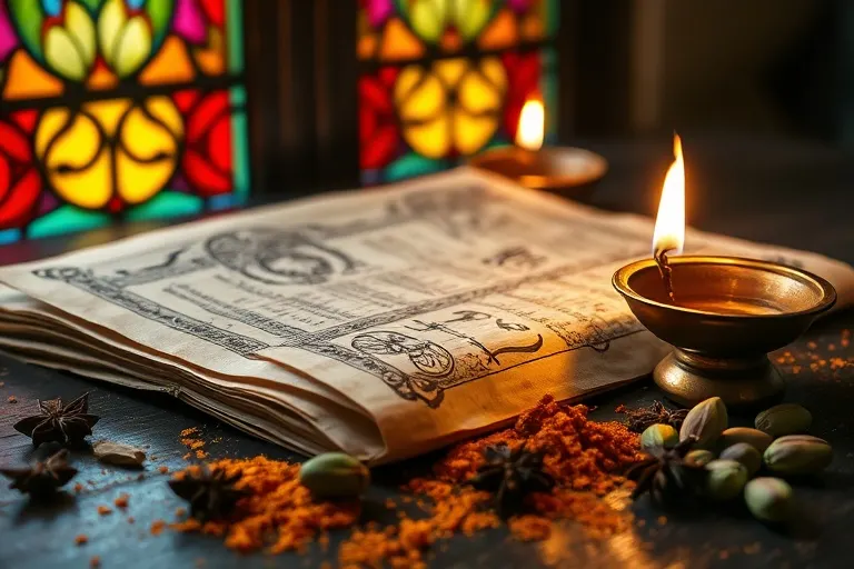Manuscrito antiguo sobre una mesa de madera con especias y lámpara de aceite.