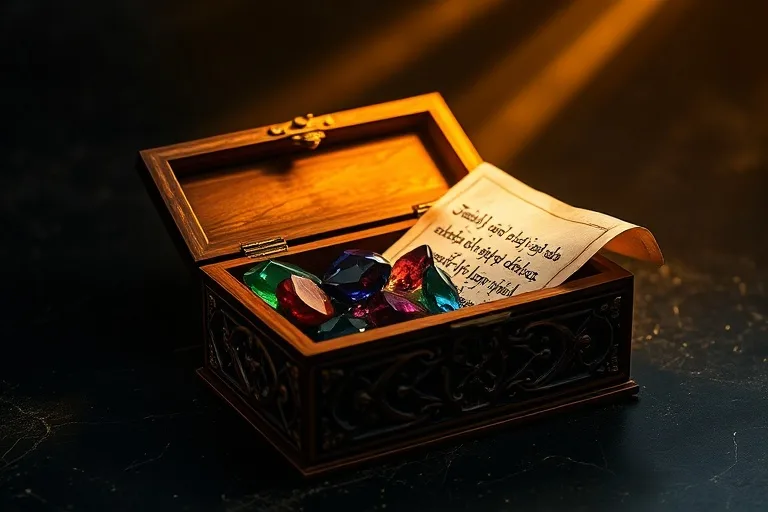 Bodegón cinematográfico de una caja de madera antigua, entreabierta, revelando gemas pulidas y un pergamino con escritura sánscrita, iluminado por un rayo de luz mística.