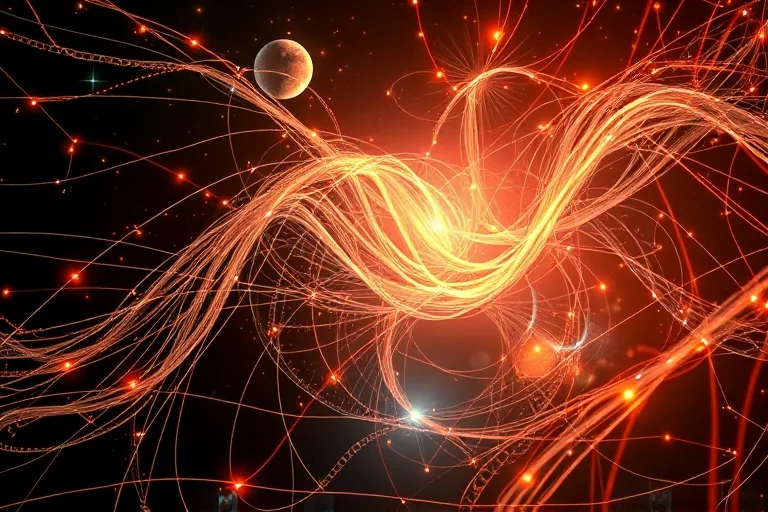 Arte conceptual de un tapiz intrincado tejido con hilos de luz, mostrando patrones cósmicos abstractos y cuerpos celestes entrelazados, simbolizando la conexión y el destino.