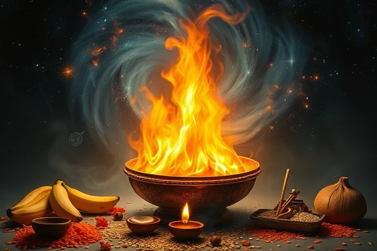 Pintura al óleo de un fuego sagrado en un recipiente de latón, con humo ascendiendo hacia un vórtice cósmico abstracto, rodeado de ofrendas simbólicas, representando los rituales de puja.