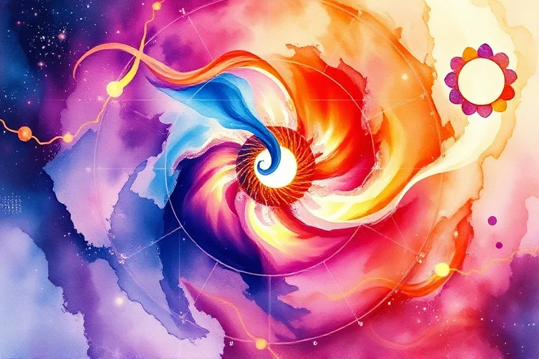 Pintura abstracta en acuarela con colores vibrantes y luz etérea, representando la liberación emocional y el flujo de la energía interior.