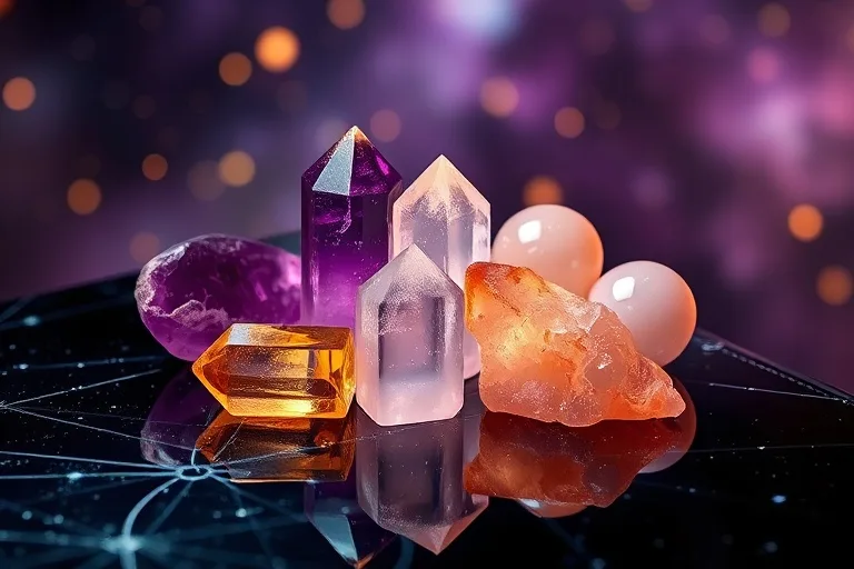 Colección de cristales pulidos y coloridos, como amatista, cuarzo, citrino y cuarzo rosa, dispuestos sobre una superficie oscura y reflectante, con iluminación mística suave y poca profundidad de campo.