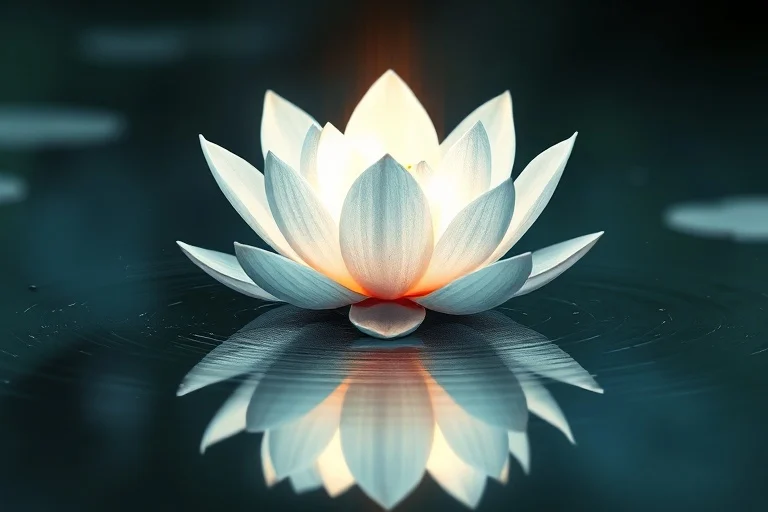 Pintura de acuarela de una delicada flor de loto floreciendo en un estanque sereno, rodeada de suaves ondas, con un brillo sutil que emana de su centro, simbolizando el crecimiento espiritual y la pureza.
