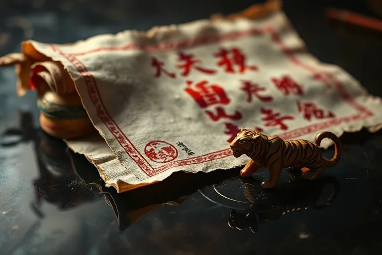 Naturaleza muerta cinematográfica de un pergamino antiguo con caracteres chinos sobre 'desafío' y 'transformación', sumergido en agua con piedras de río.