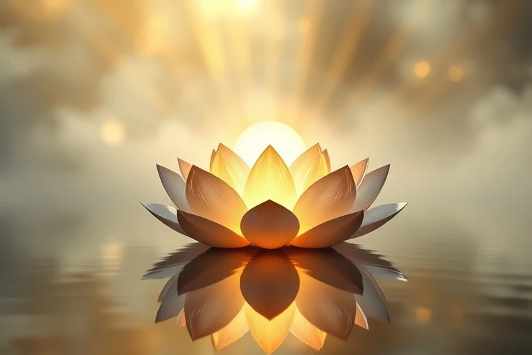 Render 3D de una flor de loto estilizada y brillante flotando en agua tranquila, con rayos de luz dorados y un fondo brumoso.