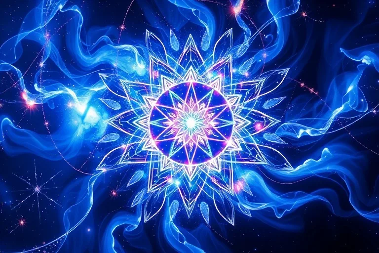 Ilustración abstracta de energía fluyendo, con patrones de luz azul y blanco disolviendo tendrils oscuros