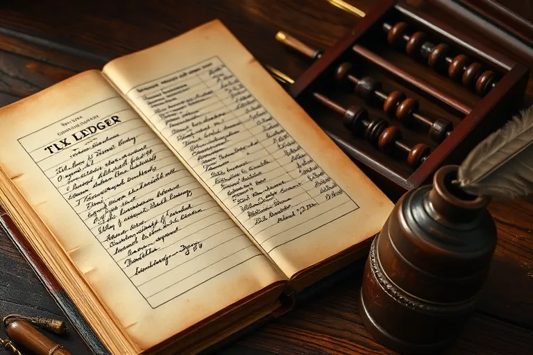Libro de contabilidad antiguo, ábaco y tintero en un escritorio de roble