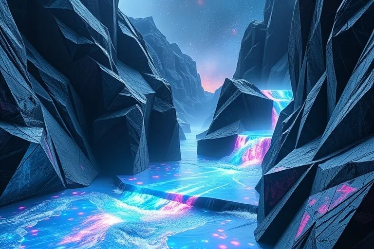 Río de agua iridiscente fluyendo a través de formaciones rocosas geométricas