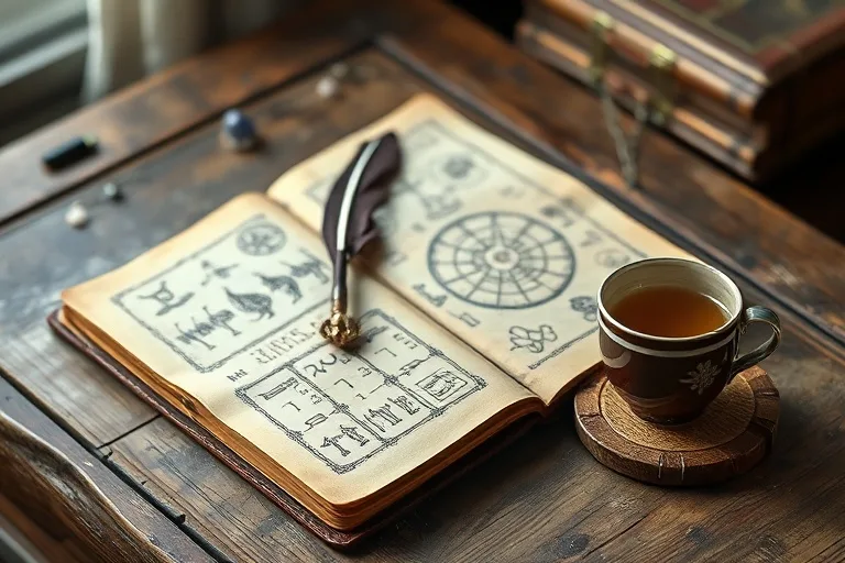 Diario antiguo con símbolos y pluma, junto a una piedra y té de hierbas, representando la introspección.
