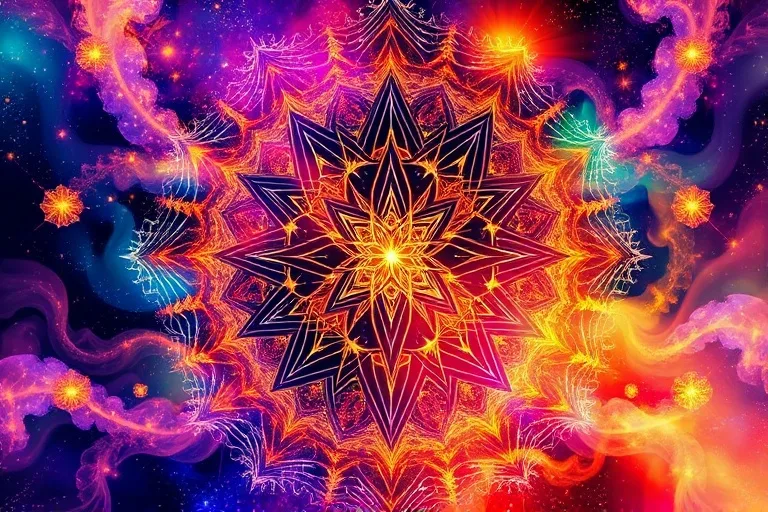 Pintura abstracta de colores vibrantes que representan un viaje interior y el despertar espiritual.