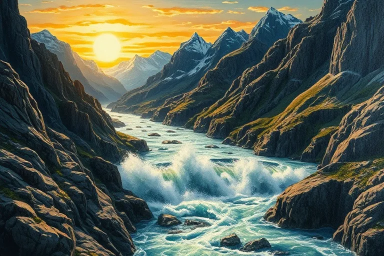 Pintura al óleo de un río caudaloso en un paisaje montañoso, simbolizando fuerza y fluidez.