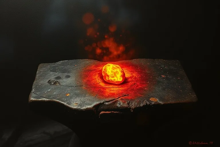 Pintura al óleo de un yunque de herrero desgastado con una brasa brillante, simbolizando la fuerza innata y el trabajo duro.