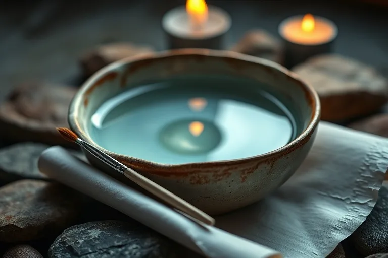 Naturaleza muerta cinematográfica de un cuenco de cerámica artesanal lleno de agua clara y tranquila, que refleja la suave luz de las velas. Cerca, un delicado pincel descansa sobre un pergamino de papel de acuarela, rodeado de unas pocas piedras de río lisas y pulidas. Enfoque en la textura y la atmósfera pacífica. Fotografía macro de primer plano extremo.