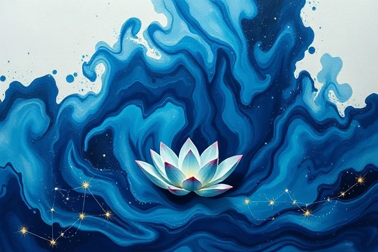 Pieza de arte conceptual abstracto: patrones arremolinados de tintas azul oscuro y aguamarina disolviéndose en un lienzo, evocando profundidad emocional y tranquilidad. Una única flor de loto estilizada flota en la superficie, representando pureza y paz. Pintura al óleo con acentos iridiscentes.