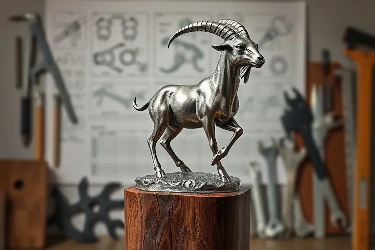 Una escultura metálica de una cabra, detallada y brillante, sobre un pedestal de madera rústica, con planos y herramientas de ingeniería difuminados al fondo.