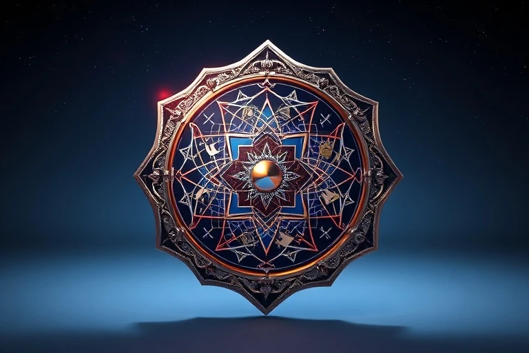 Una ilustración digital 3D de un escudo formado por hilos metálicos entrelazados, pulidos y reflejando colores, sobre un fondo degradado de azules y grises.