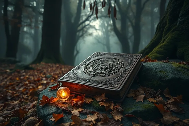 Fotografía cinematográfica de un libro antiguo de cuero con nudos celtas sobre un altar de piedra cubierto de musgo en un bosque, rodeado de hojas de otoño y una runa brillante.