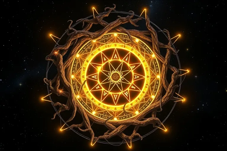 Arte digital 3D abstracto de la Rueda del Año, con raíces de árboles interconectadas formando un patrón circular, cada segmento representando una estación y líneas de energía brillantes que los conectan.