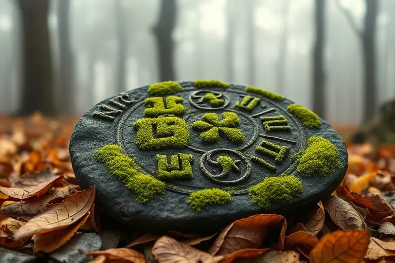 Fotografía macro de una antigua tablilla de piedra Ogham celta, cubierta de musgo y grabados, sobre hojas caídas en un bosque brumoso.