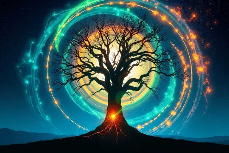 Arte conceptual de un vórtice de energías elementales (verdes, azules, naranjas) convergiendo en la silueta de un árbol, simbolizando la interconexión cósmica y natural.