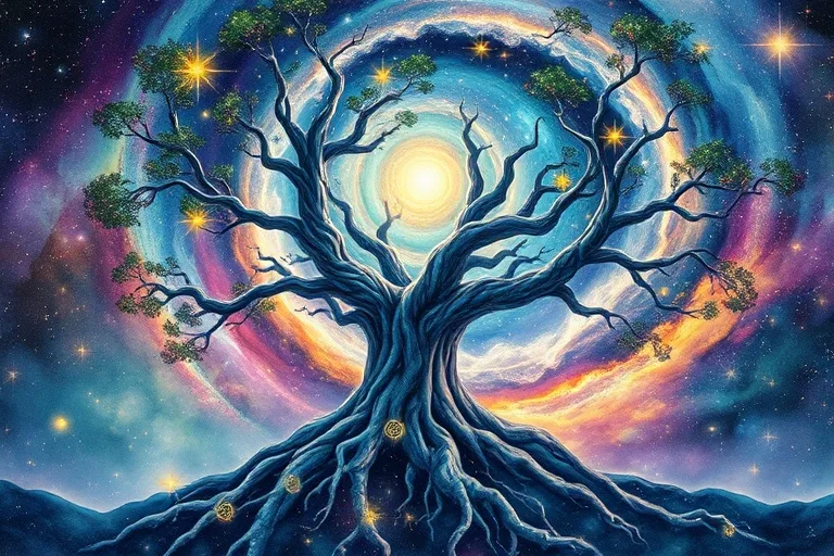 Pintura de acuarela de un árbol cósmico Ceiba, con raíces profundas y ramas que alcanzan una galaxia, integrando glifos mayas.