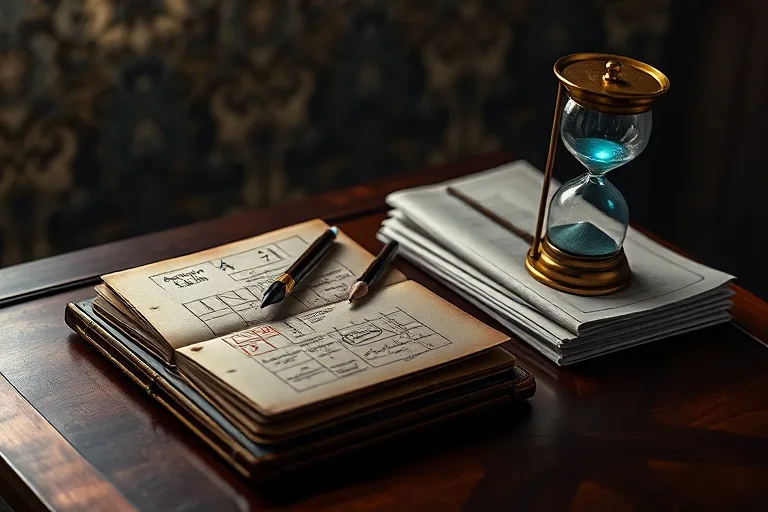 Escritorio vintage organizado con un planificador de cuero abierto, lápiz afilado, reloj de arena y planos apilados.