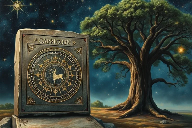 Pintura al óleo de una antigua tableta de piedra con símbolos grabados y un roble fuerte, simbolizando un legado duradero.