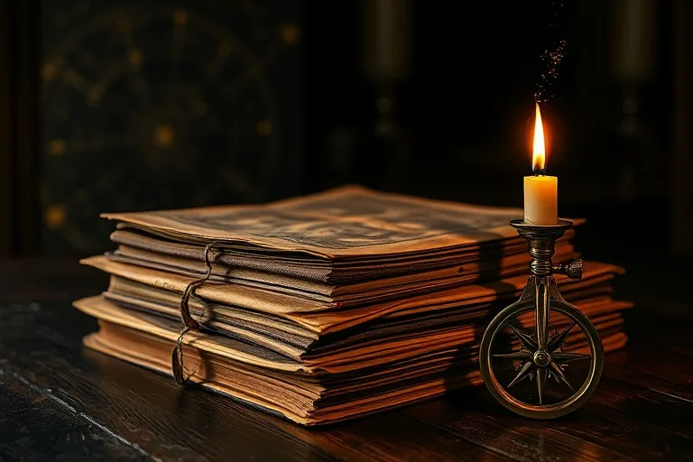 Bodegón cinematográfico de un escritorio de madera con ledgers antiguos, un compás de latón y una vela, simbolizando la planificación y la dedicación.