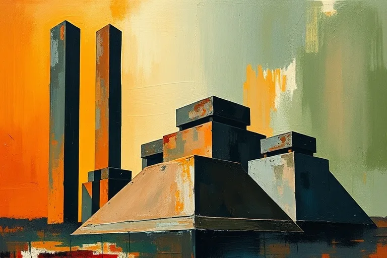Pintura al óleo abstracta con tonos tierra, líneas ascendentes y formas geométricas, representando la construcción sólida y el legado.