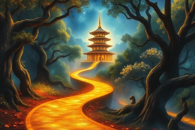 Pintura al óleo de un sendero dorado serpenteante a través de un bosque místico hacia una pagoda iluminada, simbolizando el progreso profesional.