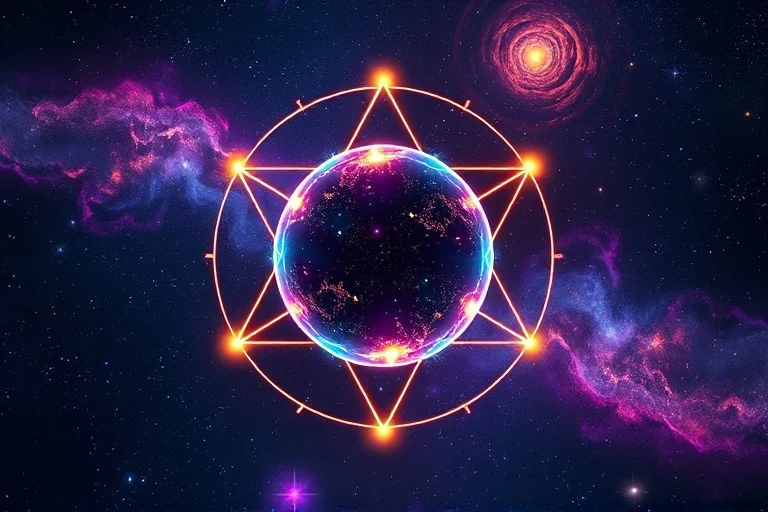 Arte conceptual abstracto de tres orbes luminosos conectados por haces de energía vibrantes que forman un triángulo perfecto, sobre un fondo de nebulosas arremolinadas, simbolizando flujo armonioso y potencial.
