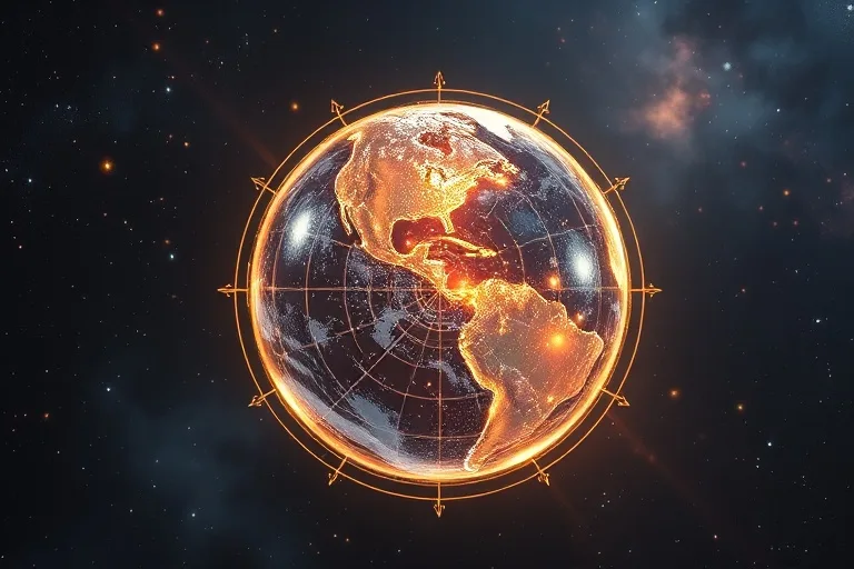 Renderizado 3D de un globo terráqueo mostrando zonas horarias iluminadas, con un mecanismo de reloj delicado y etéreo superpuesto. Énfasis en la conexión intrincada entre la ubicación geográfica y el paso del tiempo.