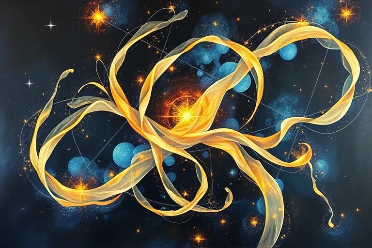 Pintura al óleo abstracta y texturizada que representa cintas entrelazadas de luz y sombra formando un patrón complejo y evolutivo sobre un lienzo oscuro, con colores que cambian de índigos profundos a amarillos brillantes.