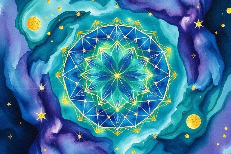 Pintura de acuarela abstracta de flujo emocional y transformación. Remolinos de azules profundos, verdes y morados se mezclan con toques sutiles de oro, creando una sensación de profundidad y conexión. Pinceladas delicadas, movimiento fluido, sin objetos ni figuras discernibles.