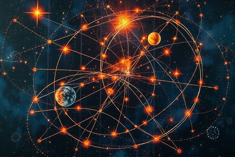 Arte conceptual de una intrincada red de líneas luminosas que conectan planetas y estrellas en un cielo nocturno, formando un diagrama complejo que representa el plan energético de una relación.