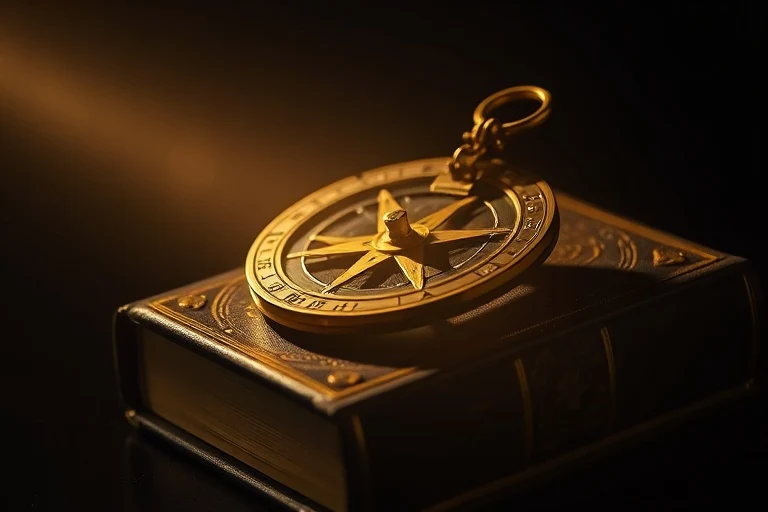 Naturaleza muerta cinematográfica de un astrolabio de latón antiguo y ornamentado descansando sobre un libro encuadernado en cuero, iluminado por un solo haz de luz, simbolizando las herramientas del destino profesional y la sabiduría ancestral.