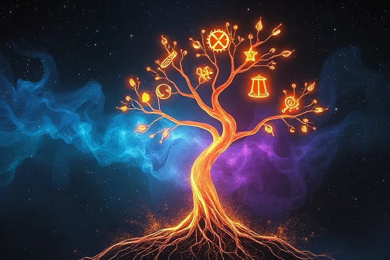 Arte conceptual de un árbol estilizado y delicado con raíces que se extienden hacia una nebulosa cósmica y ramas que alcanzan una constelación de símbolos de carrera, representando el crecimiento, el propósito y la conexión universal.