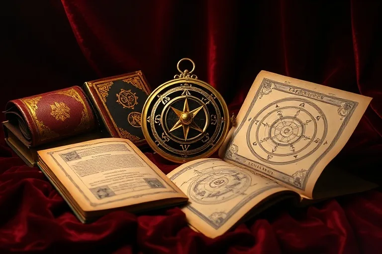 Un astrolabio antiguo de latón sobre terciopelo, rodeado de libros de astrología y un pergamino con un mapa astral, bajo una luz dramática.