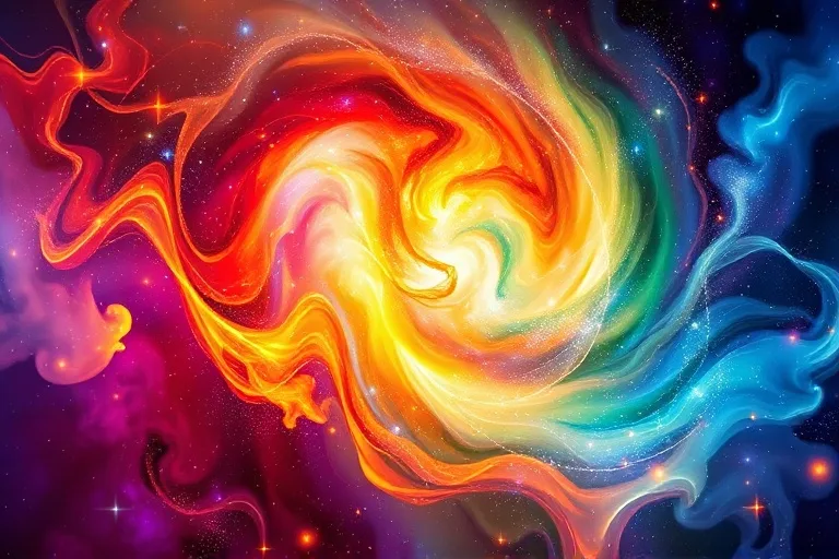 Arte conceptual abstracto con remolinos de luz y color que representan los elementos astrológicos, mostrando armonía y disonancia.