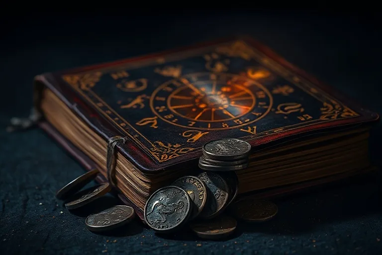 Bodegón de monedas antiguas y un libro pesado