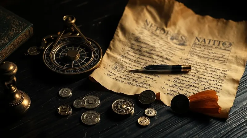 Pergamino antiguo con cálculos astrológicos manuscritos, un astrolabio de latón, pluma de ave y símbolos planetarios dispersos con forma de moneda antigua sobre un escritorio de madera oscura y texturizada, iluminación dramática de claroscuro.