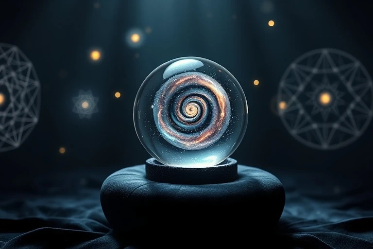 Esfera de cristal que refracta una galaxia distante, rodeada de patrones geométricos luminosos y flotantes, sobre un pedestal de terciopelo en una cámara mística tenuemente iluminada, luz suave y difusa, abstracta y espiritual.