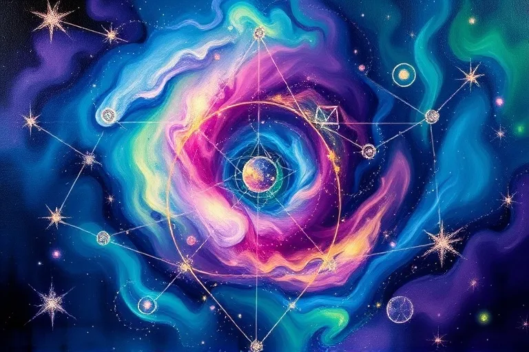 Pintura al óleo abstracta con remolinos de azules, púrpuras y verdes, con formas geométricas sutiles, evocando el inconsciente colectivo y la complejidad de las cartas astrológicas.