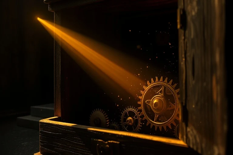 Fotografía cinematográfica de una caja de madera antigua, ligeramente abierta, revelando engranajes brillantes pero mayormente ocultos en la sombra. Motas de polvo danzan en un rayo de luz. No hay figuras humanas.
