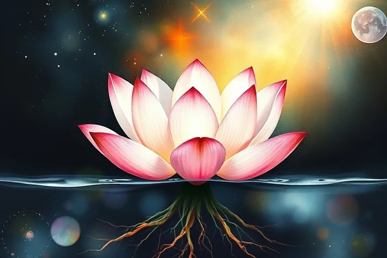 Pintura vibrante en acuarela de una flor de loto que emerge de aguas turbias, sus pétalos abriéndose hacia una luz etérea. Las raíces son profundas, pero la superficie muestra un crecimiento claro y vibrante. No hay figuras humanas.