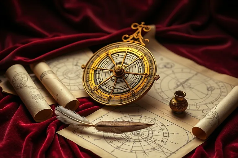 Antiguo astrolabe sobre terciopelo con cartas estelares y una pluma, iluminado por una luz cálida.